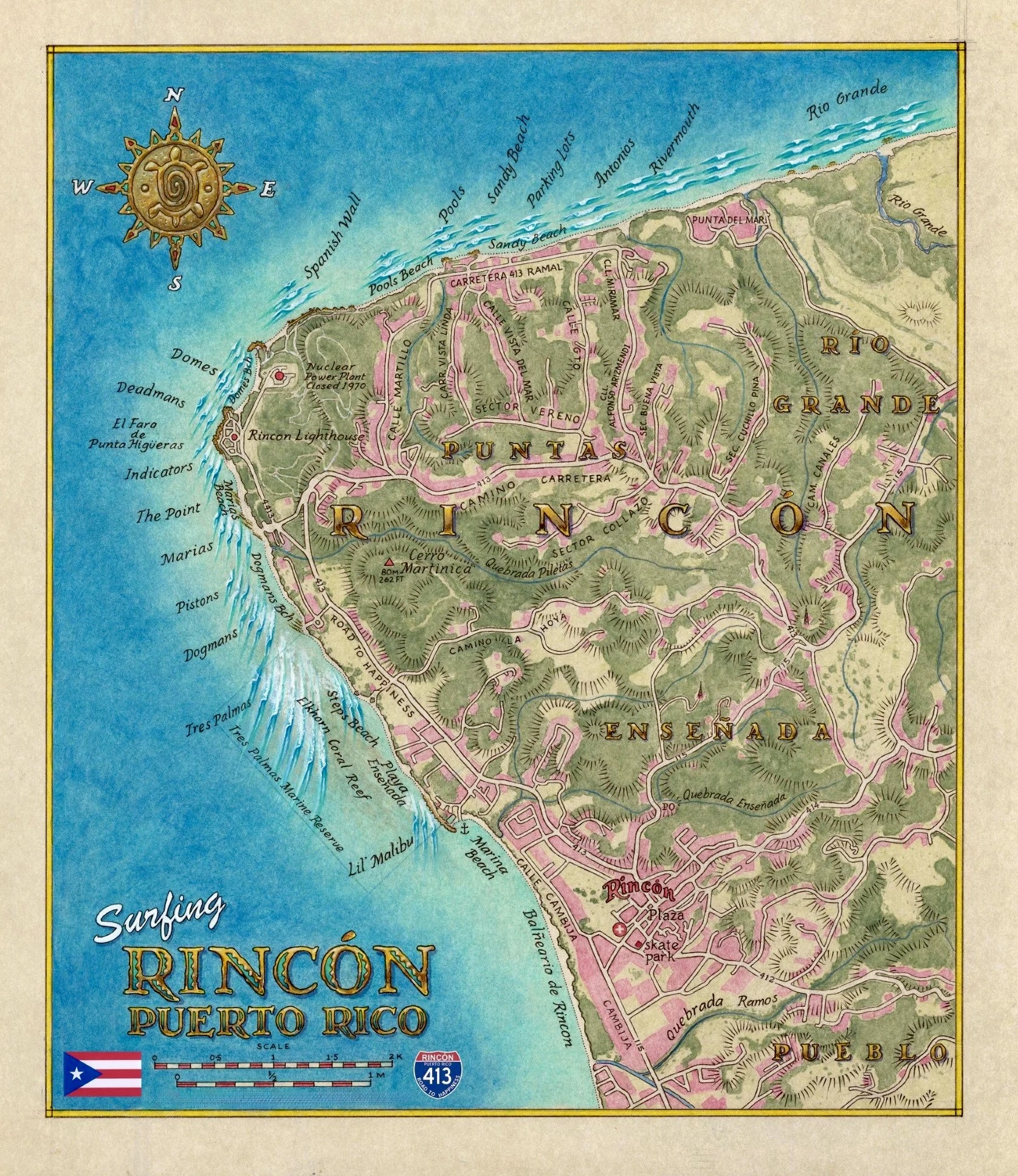 Illustrated surf map of Rincon Puerto Rico showing all major breaks including Domes, Maria's, Dogman's, Tres Palmas, Sandy Beach and more